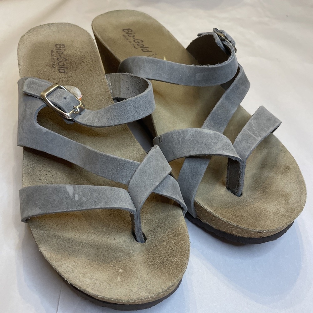Bio-Gold Cork Wedge Strappy Thong Slip On Sandals Gray Leather Sz‎ 9.5 Italy